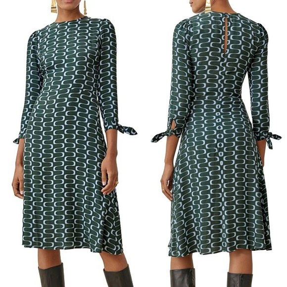 NEW Reformation Port Print Midi Dress 3/4 Sleeve in Venture Green Women’s Size 4 - Picture 1 of 10